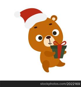 Cute Christmas bear with gift on white background. Cartoon animal character for kids cards, baby shower, invitation, poster, t-shirt composition, house interior. Vector stock illustration.