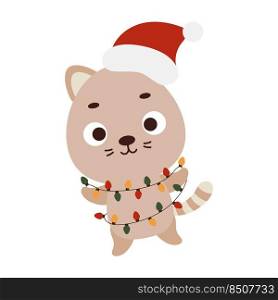 Cute Christmas cat with garland on white background. Cartoon animal character for kids cards, baby shower, invitation, poster, t-shirt composition, house interior. Vector stock illustration.
