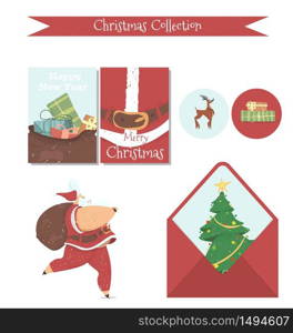 Cute Christmas Collection of Printable Elements with Typography Isolated on White Background. Happy New Year Greeting Cards, Envelope, Fir Tree, Santa Claus with Bag, Cartoon Flat Vector Illustration. Cute Christmas Collection of Printable Elements