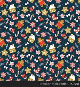 Cute Christmas cookies seamless pattern. Sweet and delicious Christmas concept.