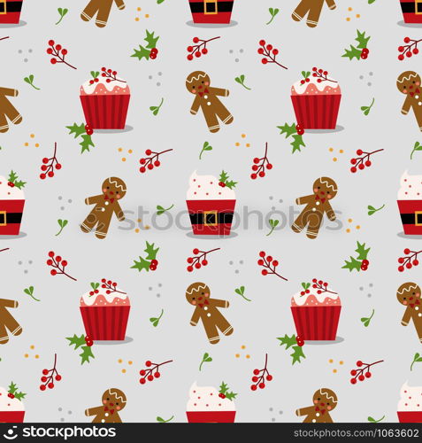 Cute Christmas cupcake seamless pattern. Sweet and delicious Christmas