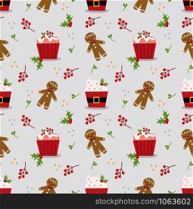 Cute Christmas cupcake seamless pattern. Sweet and delicious Christmas