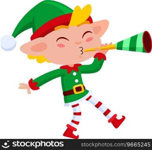 Cute Christmas Elf Cartoon Character Playing A Trumpet. Vector Illustration Flat Design Isolated On Transparent Background