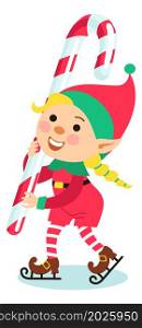 Cute christmas elf ice skating with candy cane. Santa helper carrying sweet holiday gift. Vector illustration. Cute christmas elf ice skating with candy cane. Santa helper carrying sweet holiday gift