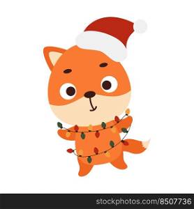 Cute Christmas fox with garland on white background. Cartoon animal character for kids cards, baby shower, invitation, poster, t-shirt composition, house interior. Vector stock illustration.