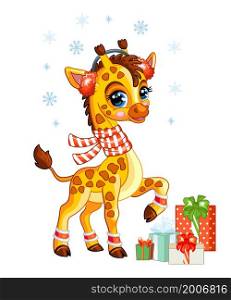 Cute Christmas giraffe with gifts and snowflakes. Cartoon giraffe character. Vector cartoon isolated illustration. For postcard, posters, design, greeting card, stickers, decor,kids apparel. Cute Christmas giraffe with gifts vector illustration