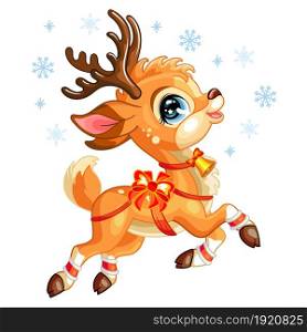 Cute Christmas jumping deer with snowflakes. Cartoon lamb character. Vector isolated illustration. Christmas funny animal. For greeting cards, posters, design, stickers, decor, kids apparel. Little cute Christmas jumping deer vector illustration