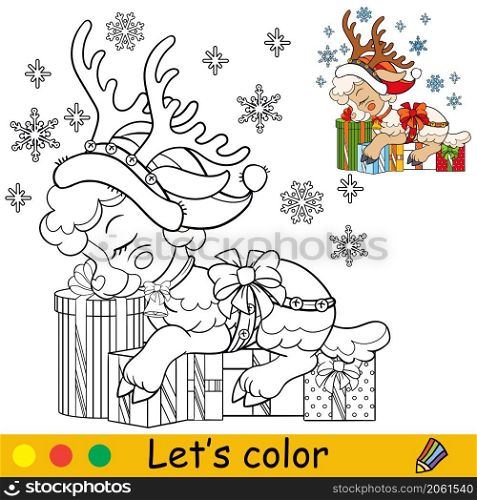 Cute Christmas lamb with gifts. Cartoon little sheep character. Vector isolated illustration. Coloring book with colored exemple. For card, poster, design, stickers, decor,kids apparel. Coloring Christmas lamb sleeps on the presents vector illustration