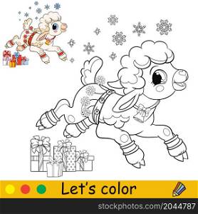 Cute Christmas lamb with presents. Cartoon little sheep character. Vector isolated illustration. Coloring book with colored exemple. For card, poster, design, stickers, decor,kids apparel. Coloring cute happy Christmas lamb vector illustration