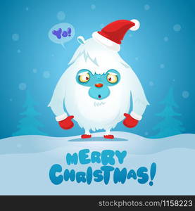 Cute Christmas Monster Yeti Bigfoot Vector. Holiday Cartoon Mascot. Isolated On White Background. Merry Christmas, Happy New Year Congratulation Decoration Design