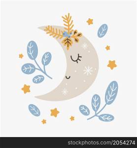 Cute christmas moon. Vector print in scandinavian style. Hand drawn vector illustration for posters, cards.. Cute christmas moon. Vector print in scandinavian style. Hand drawn vector illustration for posters, cards