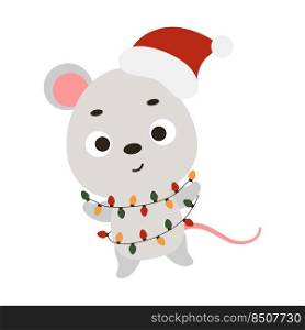 Cute Christmas mouse with garland on white background. Cartoon animal character for kids cards, baby shower, invitation, poster, t-shirt composition, house interior. Vector stock illustration.