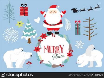Cute Christmas object collection with santa claus,christmas tree, polar bear, snowflake