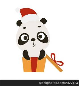 Cute Christmas panda sit in gift box on white background. Cartoon animal character for kids cards, baby shower, invitation, poster, t-shirt composition, house interior. Vector stock illustration.