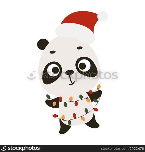 Cute Christmas panda with garland on white background. Cartoon animal character for kids cards, baby shower, invitation, poster, t-shirt composition, house interior. Vector stock illustration.
