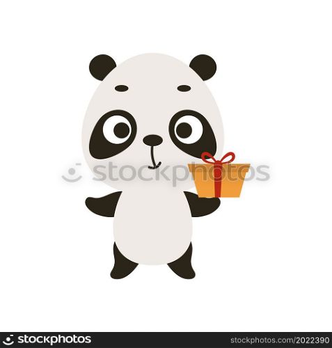 Cute Christmas panda with gift on white background. Cartoon animal character for kids cards, baby shower, invitation, poster, t-shirt composition, house interior. Vector stock illustration.