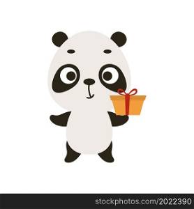 Cute Christmas panda with gift on white background. Cartoon animal character for kids cards, baby shower, invitation, poster, t-shirt composition, house interior. Vector stock illustration.