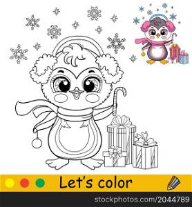 Cute Christmas penguin girl with snowflakes and presents. Cartoon bird character. Vector isolated illustration. Coloring book with colored exemple. For card, poster, design, stickers, decor. Coloring cute Christmas penguin girl with presents vector
