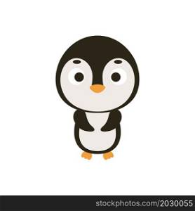Cute Christmas penguin on white background. Cartoon animal character for kids cards, baby shower, invitation, poster, t-shirt composition, house interior. Vector stock illustration.