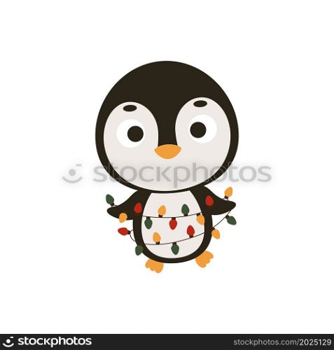 Cute Christmas penguin with garland on white background. Cartoon animal character for kids cards, baby shower, invitation, poster, t-shirt composition, house interior. Vector stock illustration.
