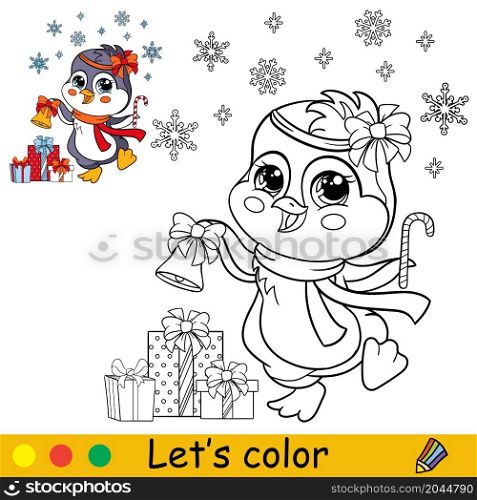 Cute Christmas penguin with snowflakes and presents. Cartoon character. Vector isolated illustration. Coloring book with colored exemple. For card, poster, design, stickers, decor. Coloring cute Christmas penguin with presents vector