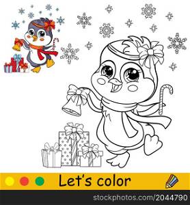 Cute Christmas penguin with snowflakes and presents. Cartoon character. Vector isolated illustration. Coloring book with colored exemple. For card, poster, design, stickers, decor. Coloring cute Christmas penguin with presents vector