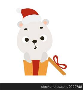 Cute Christmas polar bear sit in gift box on white background. Cartoon animal character for kids cards, baby shower, invitation, poster, t-shirt composition, house interior. Vector stock illustration.