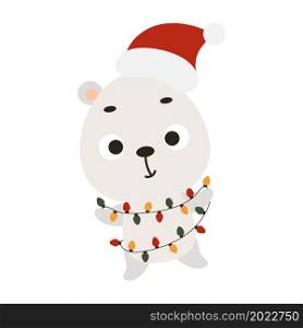 Cute Christmas polar bear with garland on white background. Cartoon animal character for kids cards, baby shower, invitation, poster, t-shirt composition, house interior. Vector stock illustration.