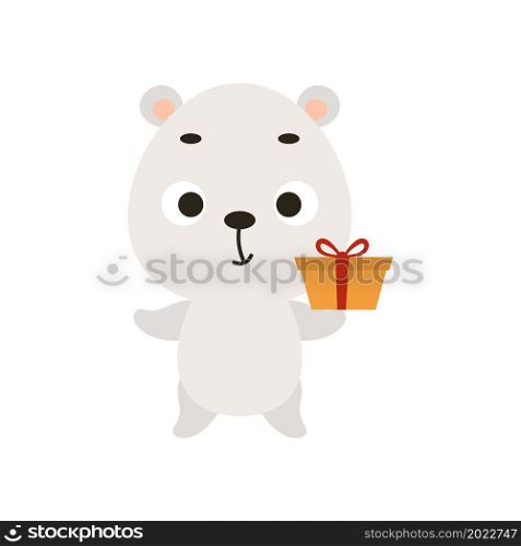 Cute Christmas polar bear with gift on white background. Cartoon animal character for kids cards, baby shower, invitation, poster, t-shirt composition, house interior. Vector stock illustration.