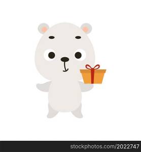 Cute Christmas polar bear with gift on white background. Cartoon animal character for kids cards, baby shower, invitation, poster, t-shirt composition, house interior. Vector stock illustration.