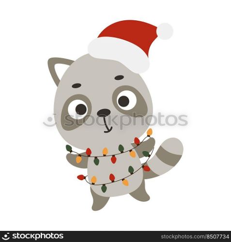 Cute Christmas raccoon with garland on white background. Cartoon animal character for kids cards, baby shower, invitation, poster, t-shirt composition, house interior. Vector stock illustration.