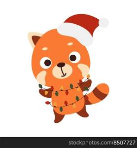Cute Christmas red panda with garland on white background. Cartoon animal character for kids cards, baby shower, invitation, poster, t-shirt composition, house interior. Vector stock illustration