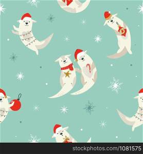 Cute Christmas seamless pattern with holiday adorable otters. For textile, greeting cards, prints, fabric, wrapping paper. Cute Christmas seamless pattern with holiday otter
