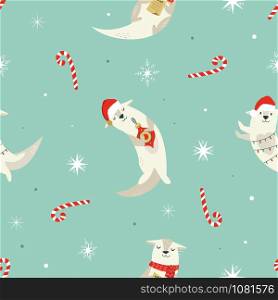 Cute Christmas seamless pattern with holiday adorable otters. For textile, greeting cards, prints, fabric, wrapping paper. Cute Christmas seamless pattern with holiday otter