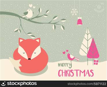Cute Christmas sleepy baby fox surrounded with floral decoration, vector illustration