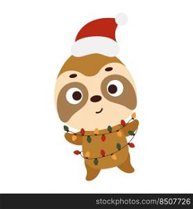 Cute Christmas sloth with garland on white background. Cartoon animal character for kids cards, baby shower, invitation, poster, t-shirt composition, house interior. Vector stock illustration