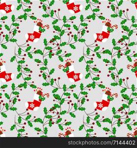 Cute Christmas sock and berry seamless pattern. Christmas season concept.