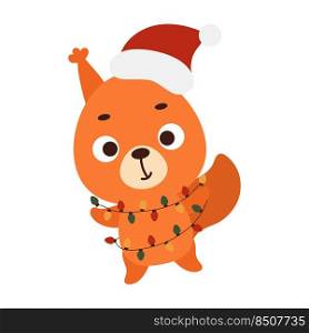 Cute Christmas squirrel with garland on white background. Cartoon animal character for kids cards, baby shower, invitation, poster, t-shirt composition, house interior. Vector stock illustration.