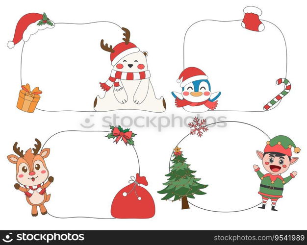 Cute Christmas tag with Christmas elements, Christmas theme line art doodle cartoon illustration, Merry Christmas.