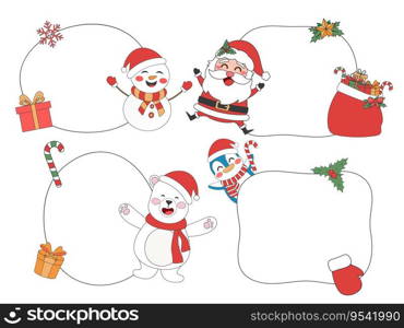 Cute Christmas tag with Christmas elements, Christmas theme line art doodle cartoon illustration, Merry Christmas.