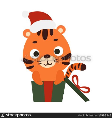 Cute Christmas tiger sit in gift box on white background. Cartoon animal character for kids cards, baby shower, invitation, poster, t-shirt composition, house interior. Vector stock illustration.