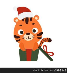 Cute Christmas tiger sit in gift box on white background. Cartoon animal character for kids cards, baby shower, invitation, poster, t-shirt composition, house interior. Vector stock illustration.