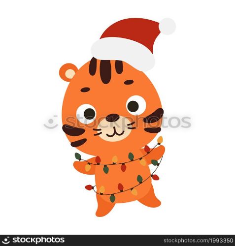 Cute Christmas tiger with garland on white background. Cartoon animal character for kids cards, baby shower, invitation, poster, t-shirt composition, house interior. Vector stock illustration.
