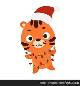Cute Christmas tiger with garland on white background. Cartoon animal character for kids cards, baby shower, invitation, poster, t-shirt composition, house interior. Vector stock illustration.
