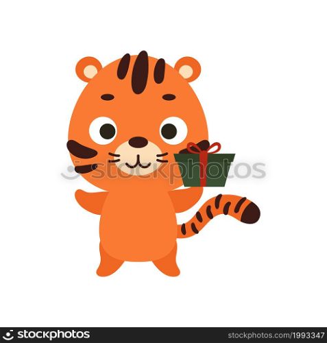Cute Christmas tiger with gift on white background. Cartoon animal character for kids cards, baby shower, invitation, poster, t-shirt composition, house interior. Vector stock illustration.
