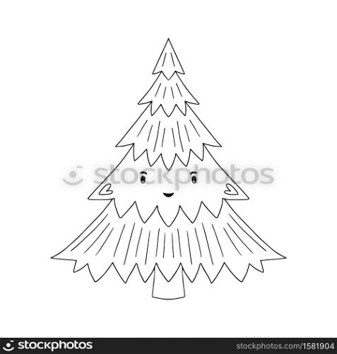 Cute Christmas Tree. New Year line art decoration. Coloring book page. Cartoon new year tree illustration. Cute Christmas Tree. New Year line art decoration. Coloring book page. Cartoon new year tree illustration.