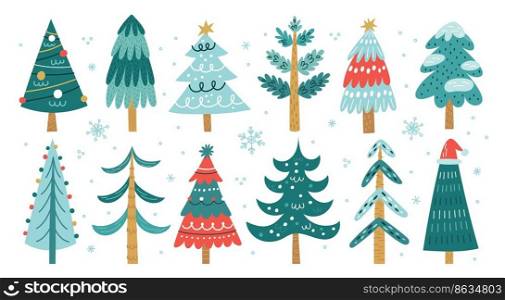Cute Christmas trees. Cartoon funny firs with decorations. Xmas holiday garland and ball toys. New Year isolated symbols. Winter snowflakes. Forest snowy coniferous plants. Garish vector festive set. Cute Christmas trees. Cartoon funny firs with decorations. Xmas holiday garland and toys. New Year isolated symbols. Winter snowflakes. Forest coniferous plants. Garish vector festive set