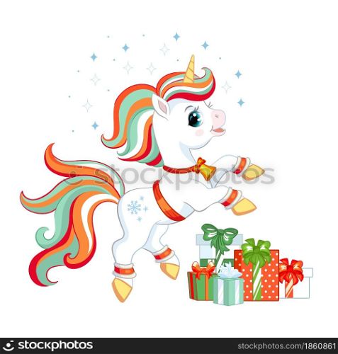 Cute Christmas unicorn with a lush mane with gifts and snowflakes. Cartoon unicorn character. Vector isolated illustration. For postcard, posters, design, greeting card, stickers, decor, kids apparel. Cute Christmas unicorn with gifts vector illustration