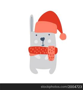 Cute Christmas vector rabbit in Santa Claus hat and scarf. bunny illustration New Year banner. Winter holiday design. Flat scandinavian baby animal.. Cute Christmas vector rabbit in Santa Claus hat and scarf. bunny illustration New Year banner. Winter holiday design. Flat scandinavian baby animal