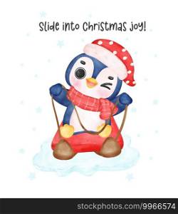 Cute Christmas watercolor cartoon of a penguin riding a sled. Capture the festive charm and playful spirit in this delightful winter illustration. Perfect for cards and seasonal designs 